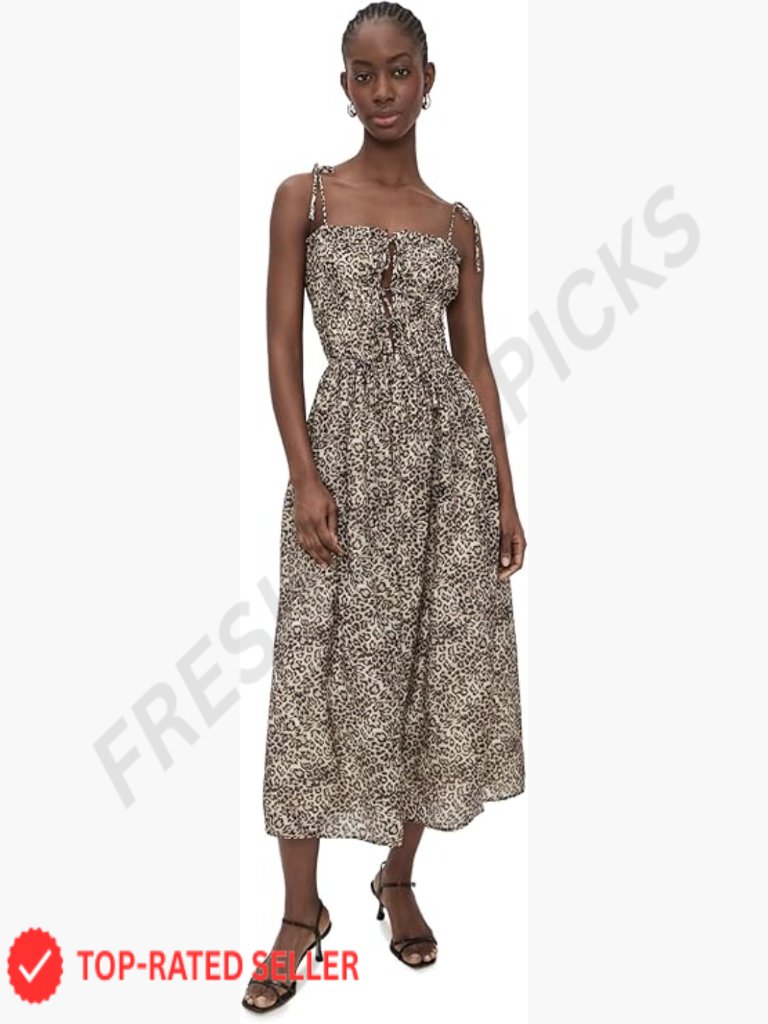 Midi Dress With Tie Straps And Shirred Bodice Lightweight Voile Square Neck
